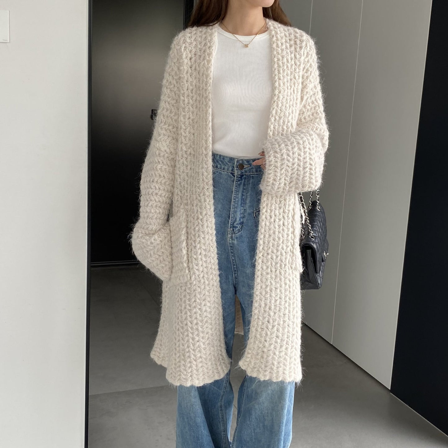 Women Cardigan Sweater Autumn and Winter Loose Pocket Texture Interwoven Long Cardigan Jacket Kc81