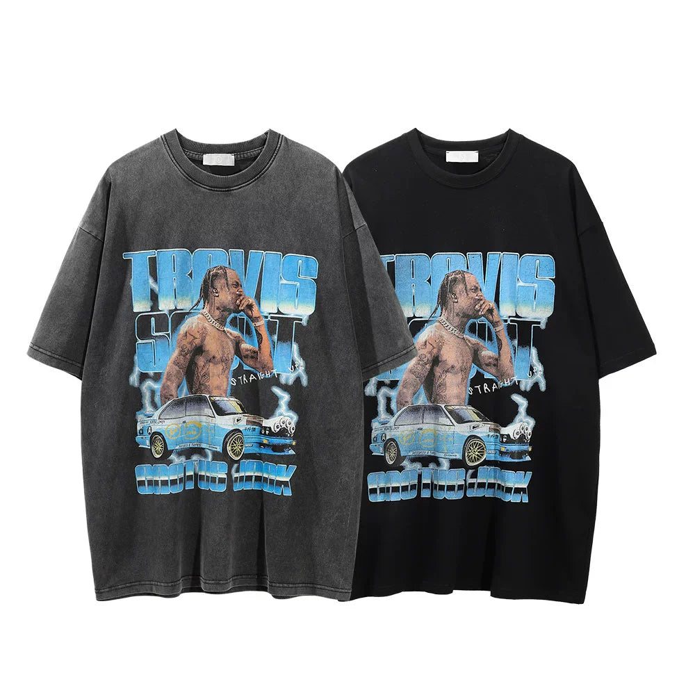 Men Vintage T-Shirt Distressed Short-Sleeved T-shirt Men's Summer Loose round Neck
