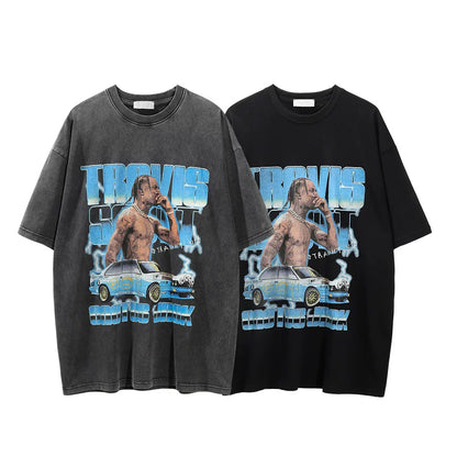 Men Vintage T-Shirt Distressed Short-Sleeved T-shirt Men's Summer Loose round Neck