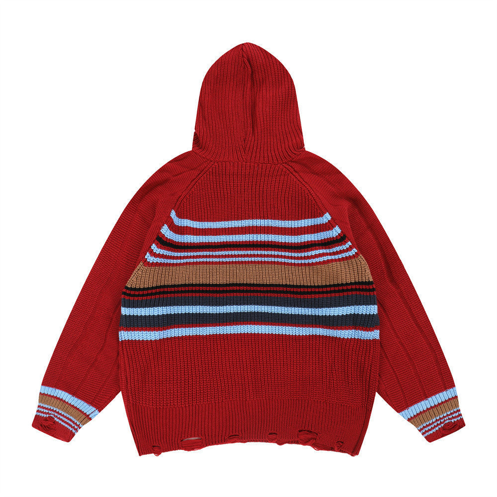 Men Sweater Striped Pullover Sweater with Hat Retro Tatted