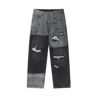 Men Jeans Spray Paint Hole Irregular Wide Leg