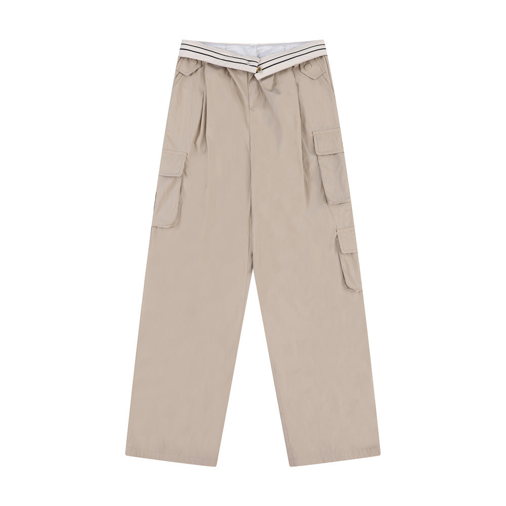 Men Sweatpants Loose Multi-Pocket Streamers Wide Leg Casual Trousers