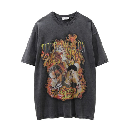 Men Vintage T-Shirt Printed Short-Sleeved T-shirt Men's Ins Washed Distressed T-shirt Summer Loose