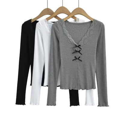 Women Tops Summer Lace V-neck Top Bow Slim T-shirt