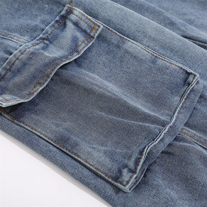 Overalls Men Jumpsuit Denim Suspender Pants Vibe Design Embroidered Letters Contrast Color Pocket Suspender One-Piece Trousers