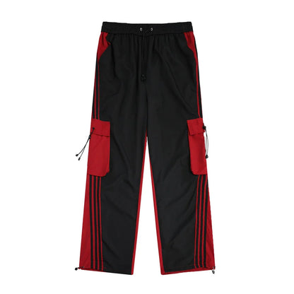 Men Sweatpants Contrast Color Striped Multi-Pocket Workwear Casual Pants Loose Straight Wide Leg Pants Men Sports Jogger Pants