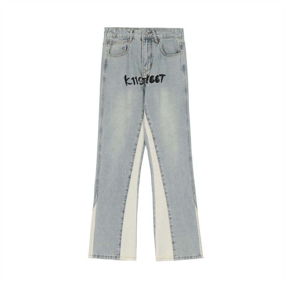 Men Jeans Stitching Wide Leg Leisure Embroidery Casual