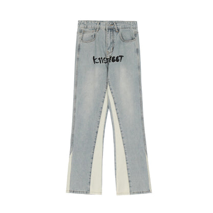 Men Jeans Stitching Wide Leg Leisure Embroidery Word Casual