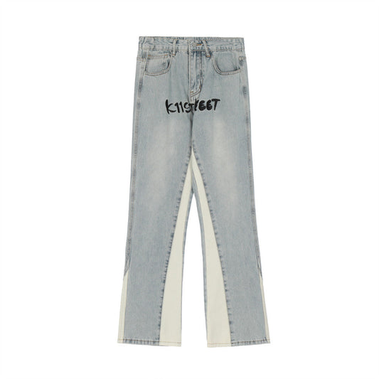 Men Jeans Stitching Wide Leg Leisure Embroidery Word Casual