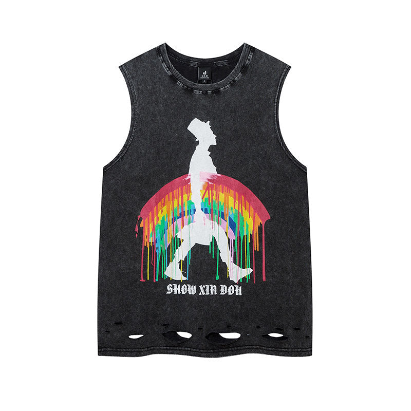 Men Vest Hip Hop Retro Graffiti Distressed Oversize Vest
