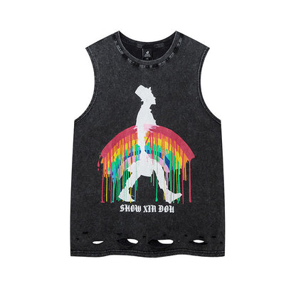 Men Vest Hip Hop Retro Graffiti Distressed Oversize Vest