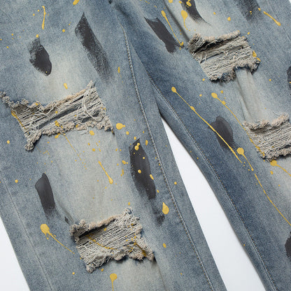 Men Jeans Splash Ink Hole Punk Loose Distressed