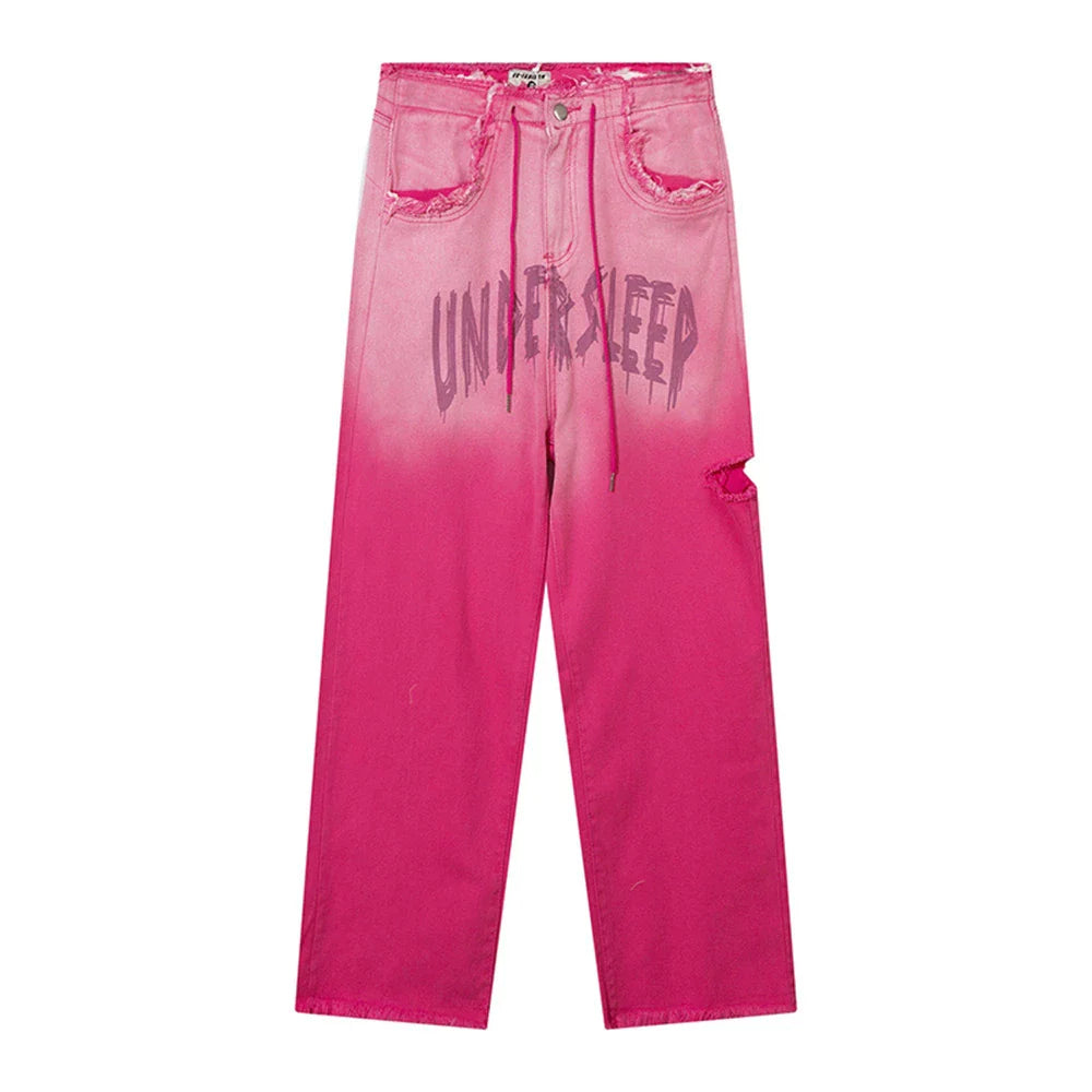 Women Pants Gradient Pink Ripped Jeans