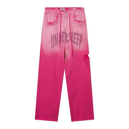 Women Pants Gradient Pink Ripped Jeans