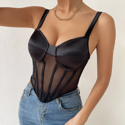 Women Party Tops Sexy Suspenders Mesh Diamond Vest
