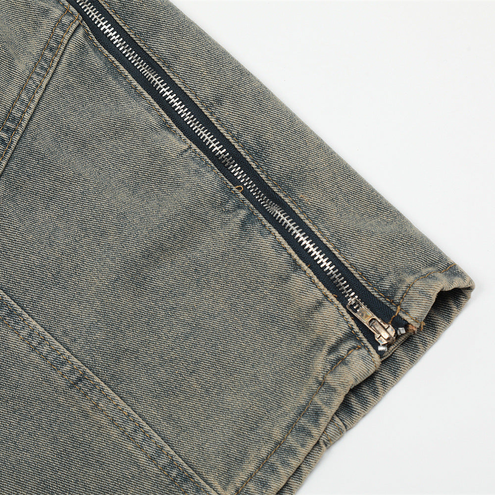 Men Shorts Side Zipper Stitching Denim Shorts Distressed