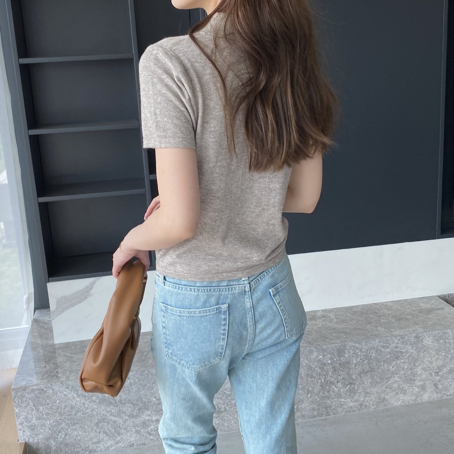 Women Knitted T-shirt Knitted Cardigan Jacket Slim Fit Short Sleeve Polo Collar Top