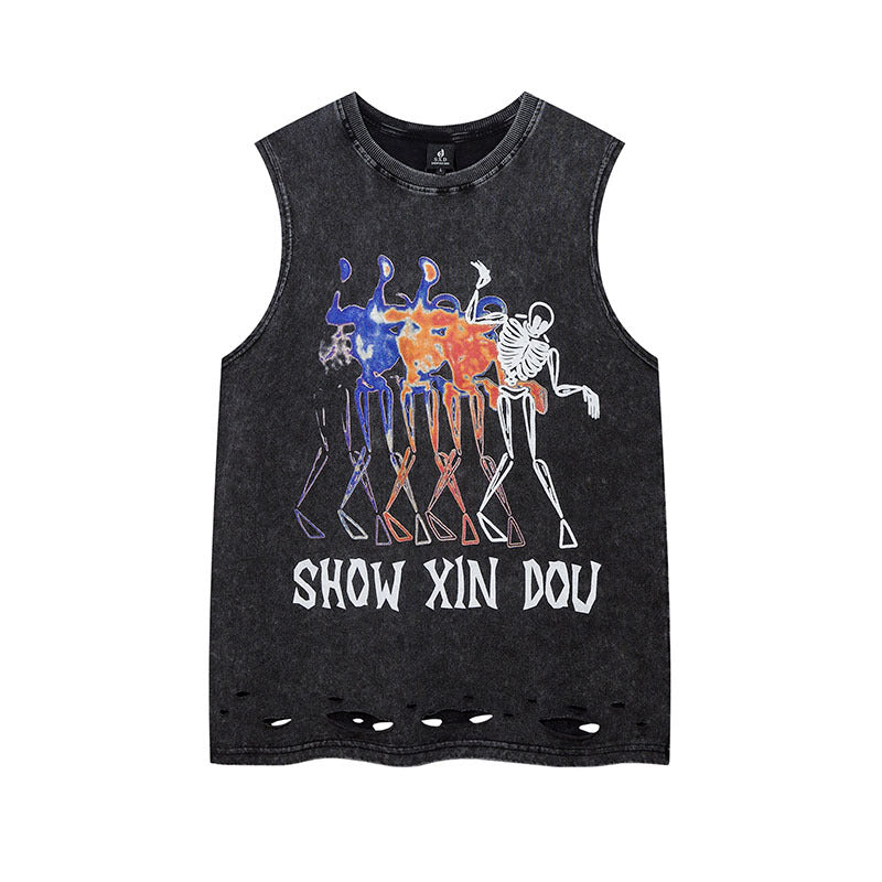 Men Vest Hip Hop Retro Graffiti Distressed Oversize Vest