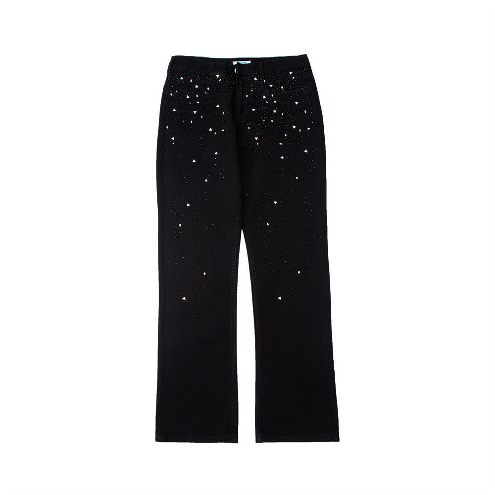 Men Jeans Solid Color Diamond-Embedded Loose Wide-Leg Pants Trendy Casual