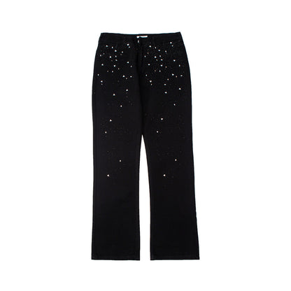 Men Jeans Solid Color Diamond-Embedded Loose Wide-Leg Pants Trendy Casual