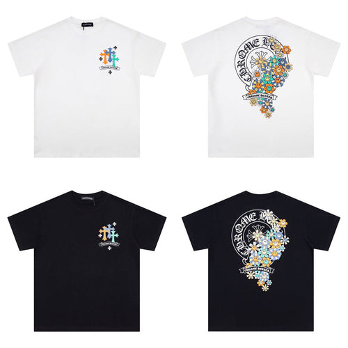 CHH Chrome Heart T Shirts Cross Leather Print Short Sleeve T-Shirt Loose