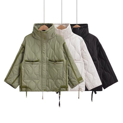 Women Cotton Coat Loose Lapel Diamond Plaid Jacket