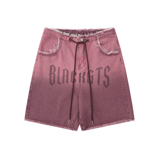 Men Shorts Tie-Dye Gradient Denim Loose Raw Hem