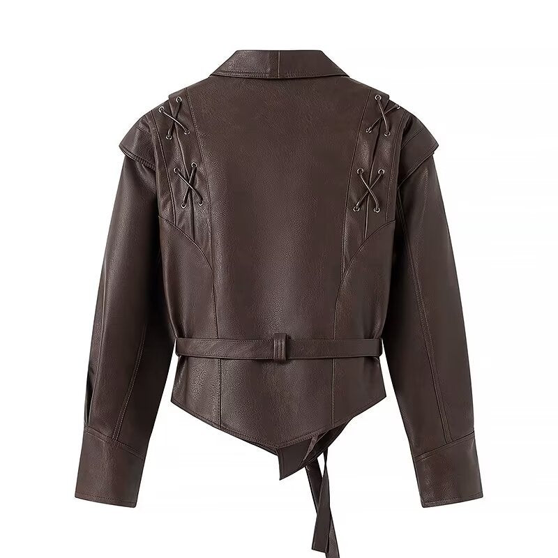 Women Tops Spring Retro Coffee Color Brown Leather Coat V-neck Lace-up Top