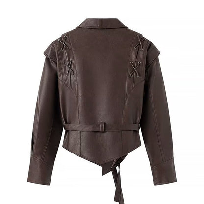 Women Tops Spring Retro Coffee Color Brown Leather Coat V-neck Lace-up Top