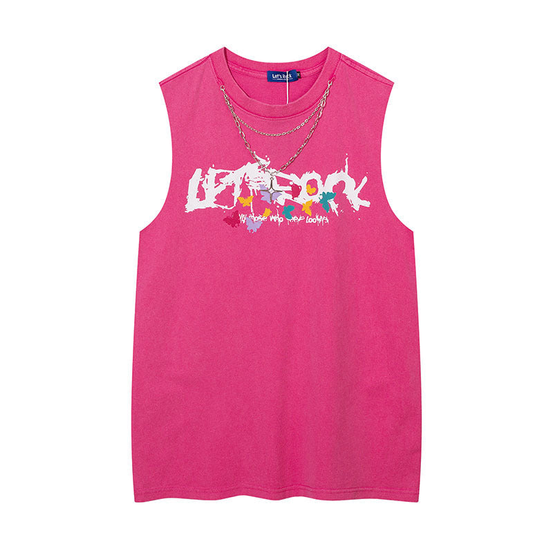 Women Vest Ripped Letter-Printing Necklace Sleeveless T-shirt