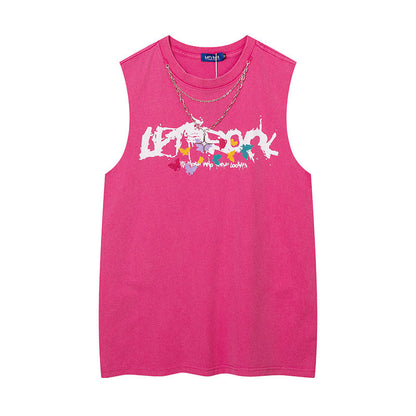 Women Vest Ripped Letter-Printing Necklace Sleeveless T-shirt