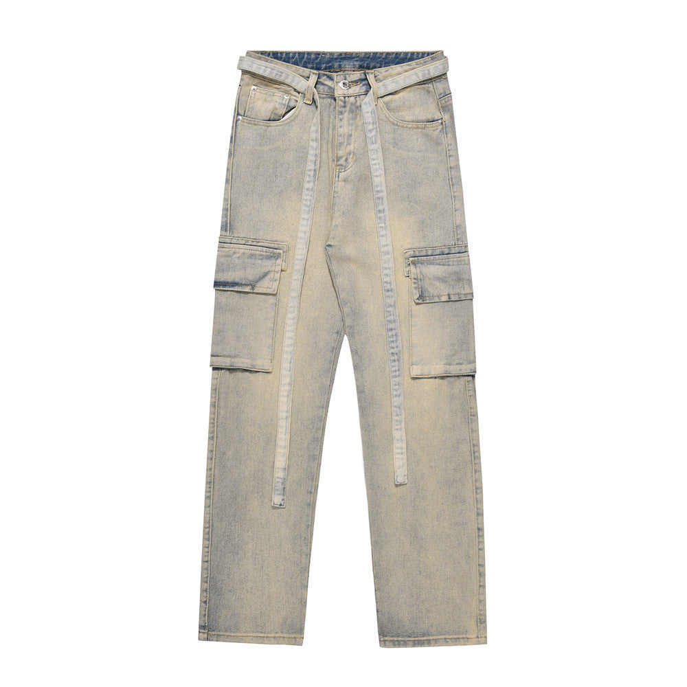 Men Jeans Multi-Pocket Loose Distressed Straight Casual