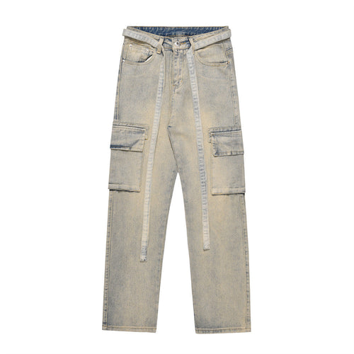Men Jeans Multi-Pocket Loose Distressed Straight Casual