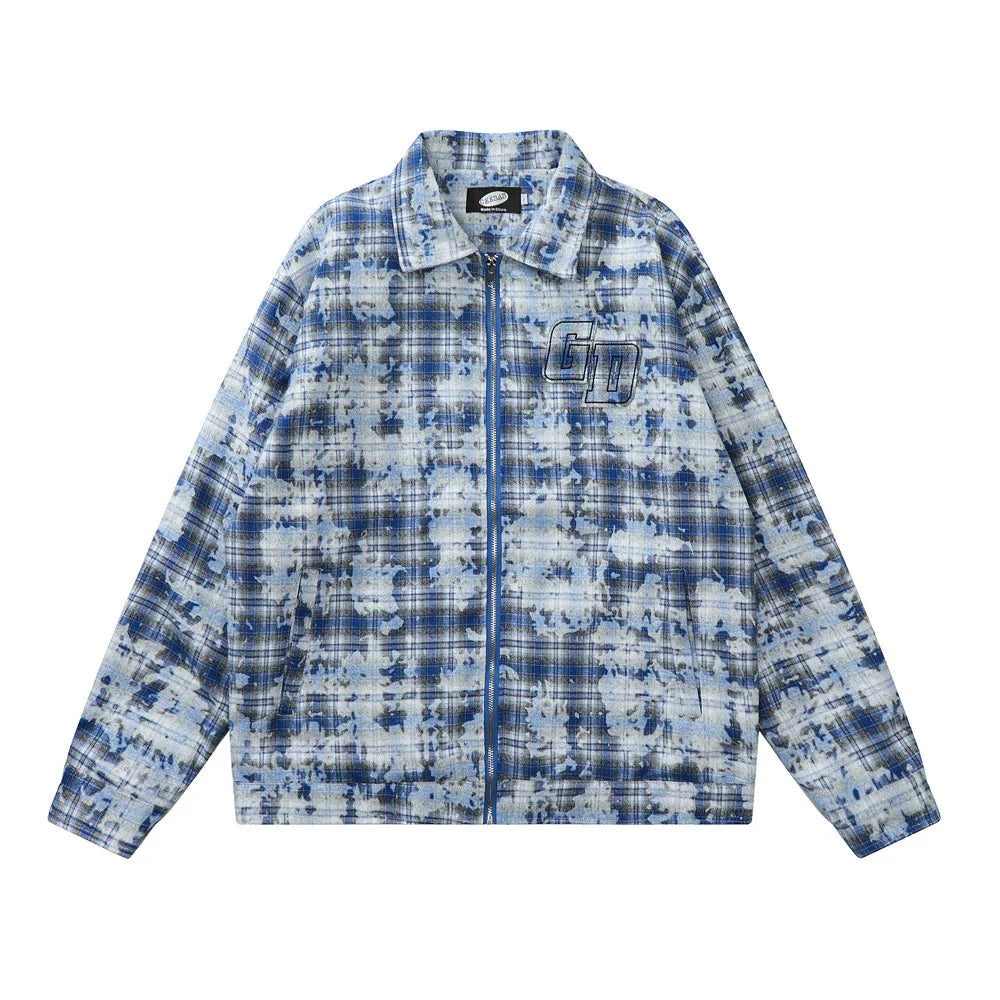 Men Jacket Coat Tie-Dyed Distressed Plaid Shirt Jacket Men's Loose Autumn Long Sleeve Zipper and Lapel Shirt Coat