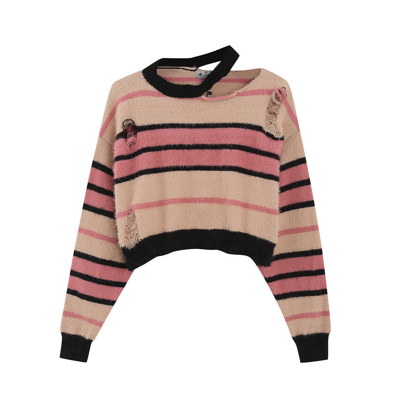 Women Sweater Vintage Stripe Ripped Knitted Sweater