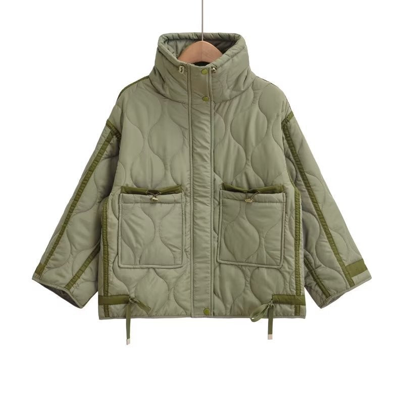 Women Cotton Coat Loose Lapel Diamond Plaid Jacket