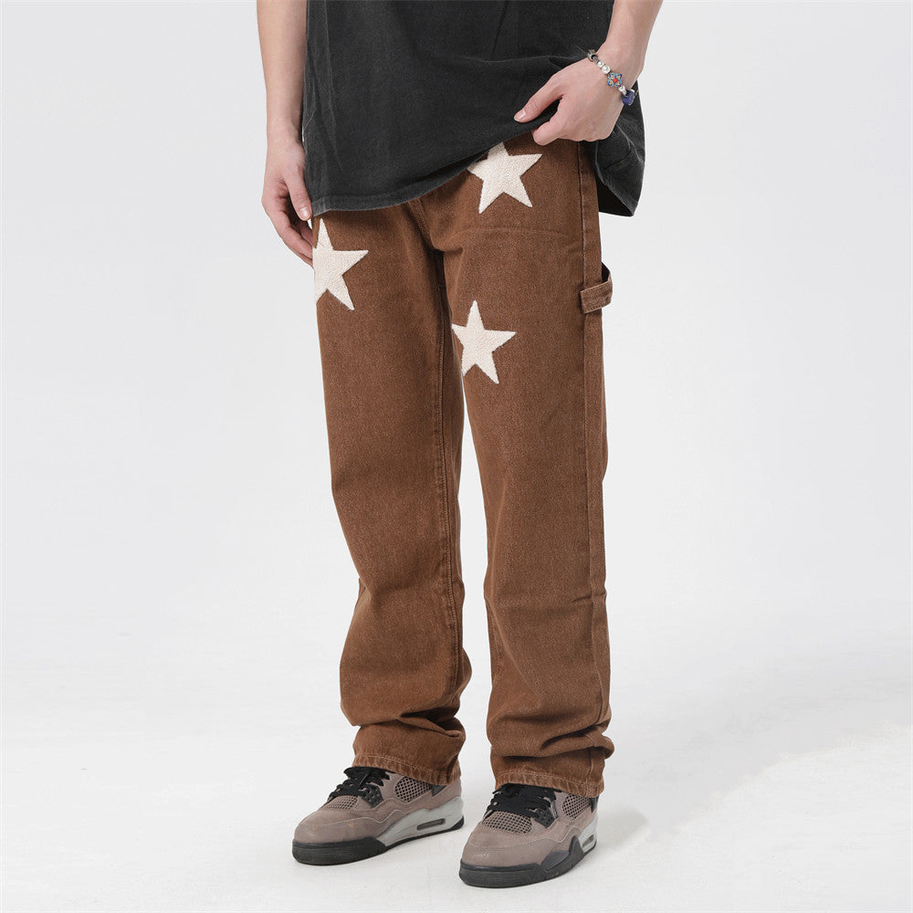 Men Jeans Retro Five-Pointed Star Embroidery Loose Casual