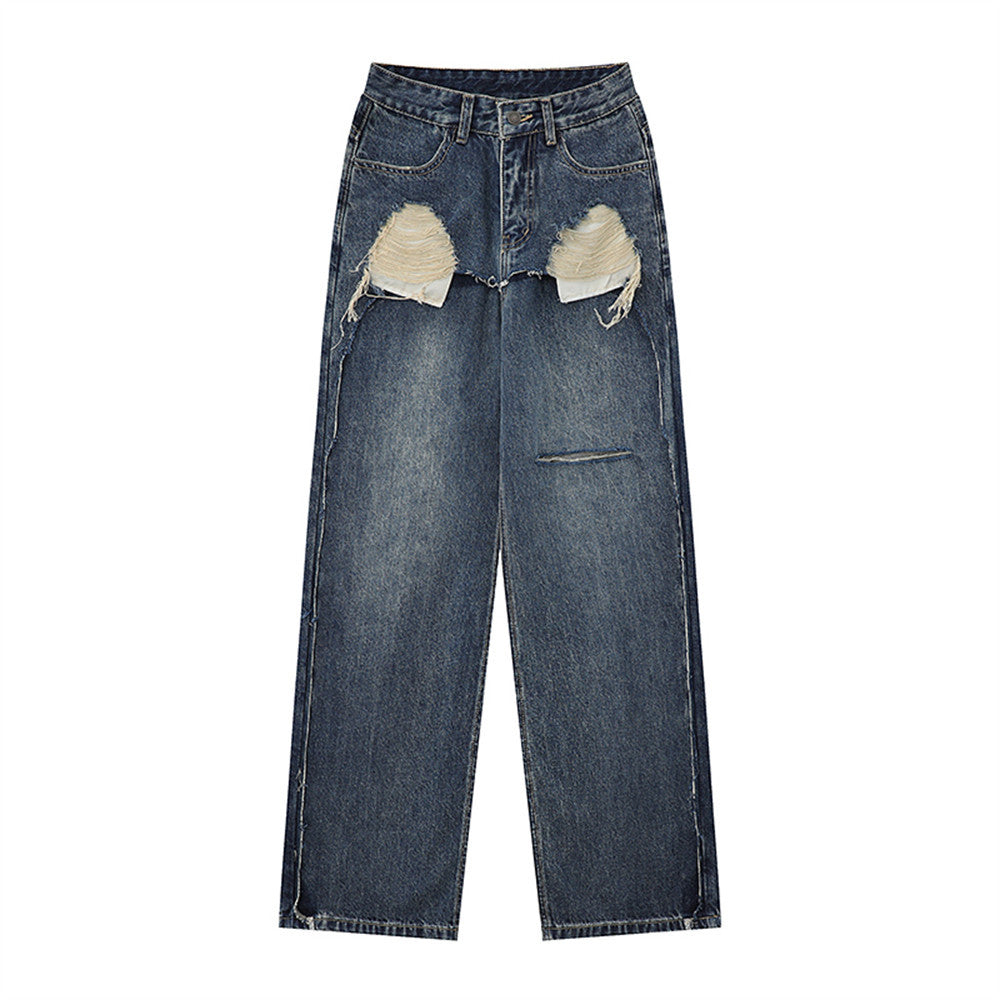 Women Pants Ripped Jeans Loose Straight Wide Leg Pants Trousers