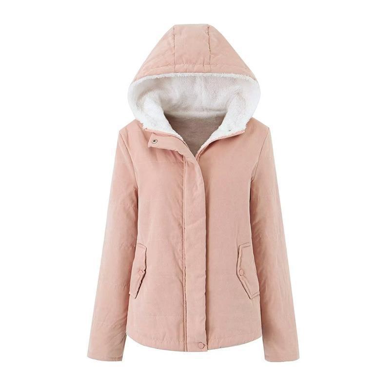Women Cotton Coat Solid Color Zipper Fleece Padded Coat