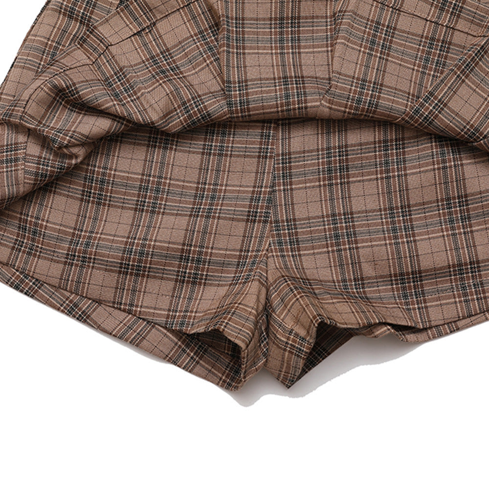 Women Shorts Plaid Pleated Pantskirt
