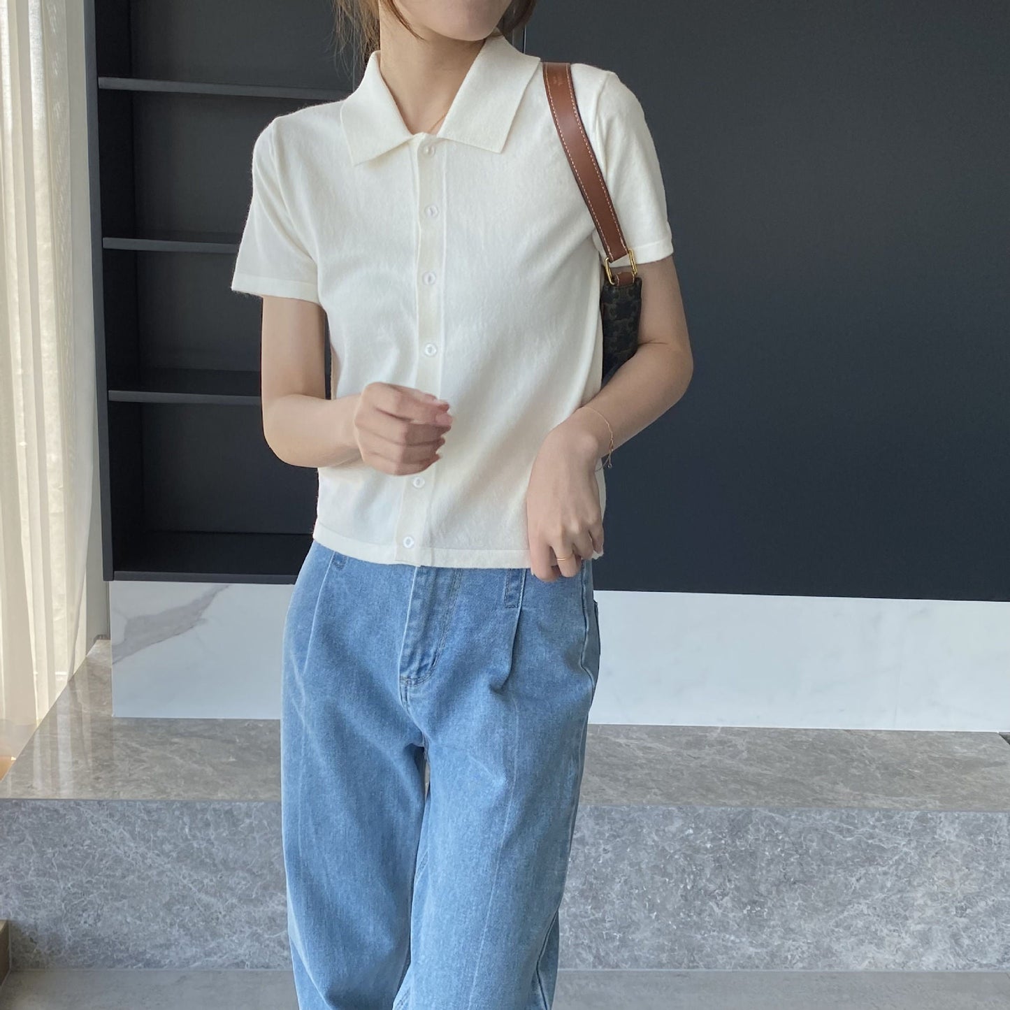 Women Knitted T-shirt Knitted Cardigan Jacket Slim Fit Short Sleeve Polo Collar Top