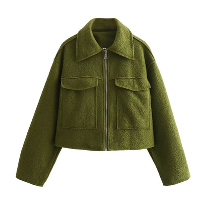 Women Tops Spring Zipper Short Jacket Polo Collar Top