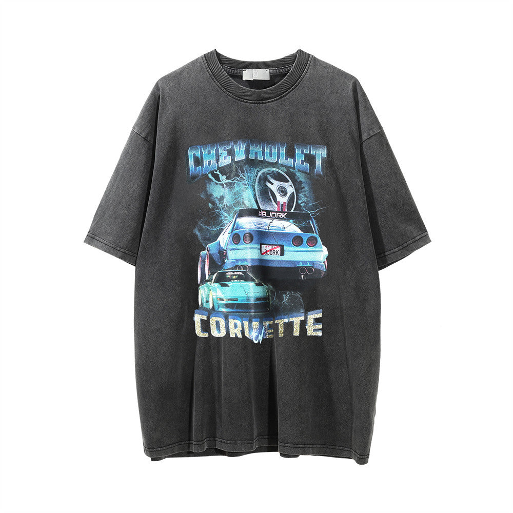 Men Vintage T-Shirt Printed Washed and Worn T-shirt Men's Loose Casual Short-Sleeved T-shirt