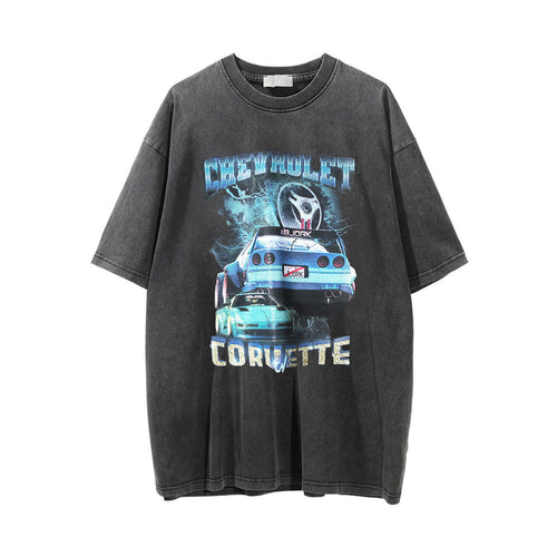 Men Vintage T-Shirt Printed Washed and Worn T-shirt Men's Loose Casual Short-Sleeved T-shirt