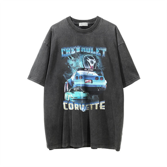 Men Vintage T-Shirt Printed Washed and Worn T-shirt Men's Loose Casual Short-Sleeved T-shirt