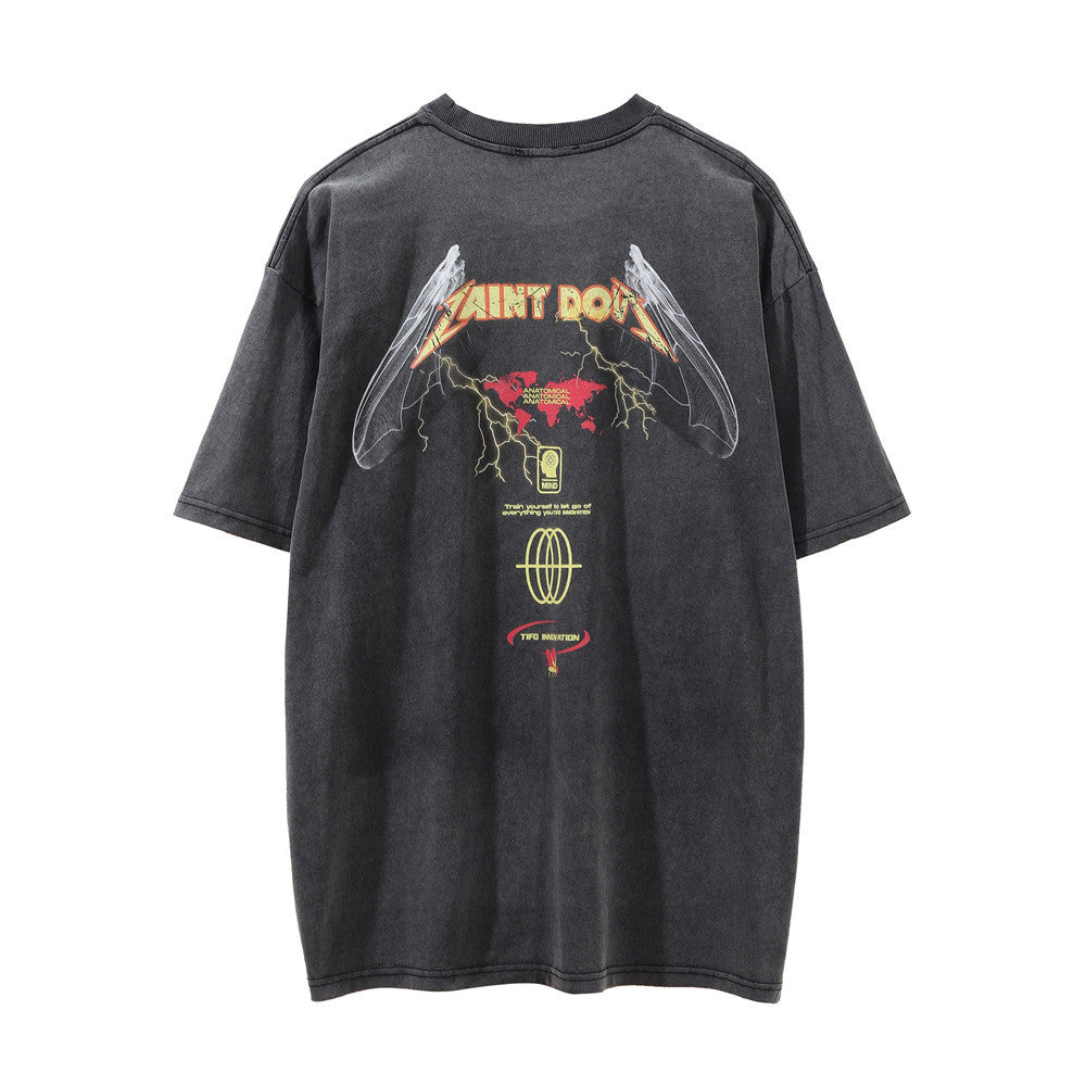 Men Vintage T-Shirt Printed Short-Sleeved T-shirt Men's Distressed round Summer Loose