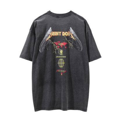 Men Vintage T-Shirt Printed Short-Sleeved T-shirt Men's Distressed round Summer Loose