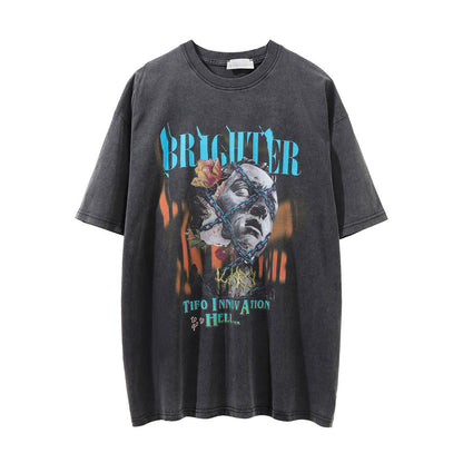 Men Vintage T-Shirt Short-Sleeved T-shirt Men's Distressed round Leader T-shirt Summer Loose