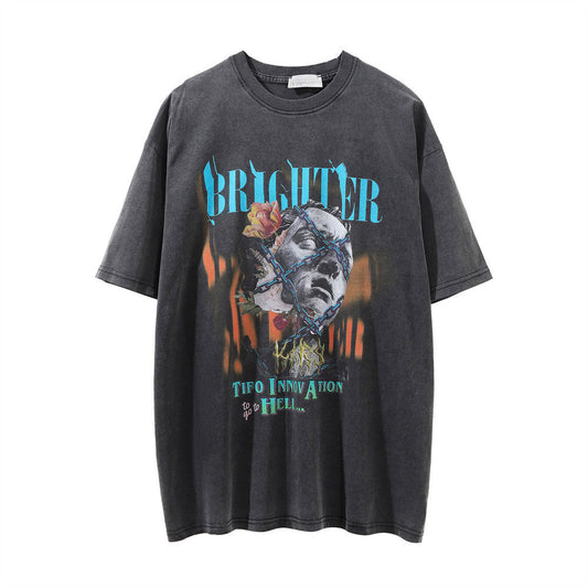 Men Vintage T-Shirt Short-Sleeved T-shirt Men's Distressed round Leader T-shirt Summer Loose