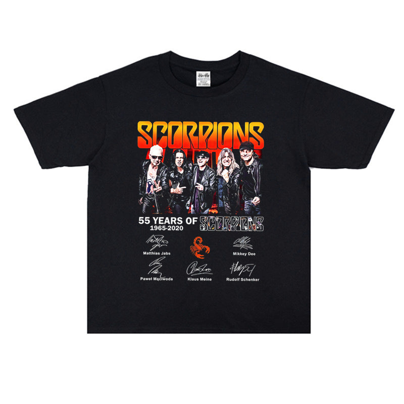 Rock Star T Shirt Scorpions Scorpions Short Sleeve Printed Cotton Washed Distressed T-shirt Men and Women Loose
